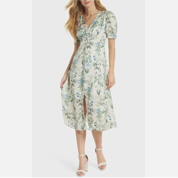 Gal Meets Glam Dresses & Skirts - Gal Meets Glam Lauren Botanical Garden Midi Dress White Blue Green 4